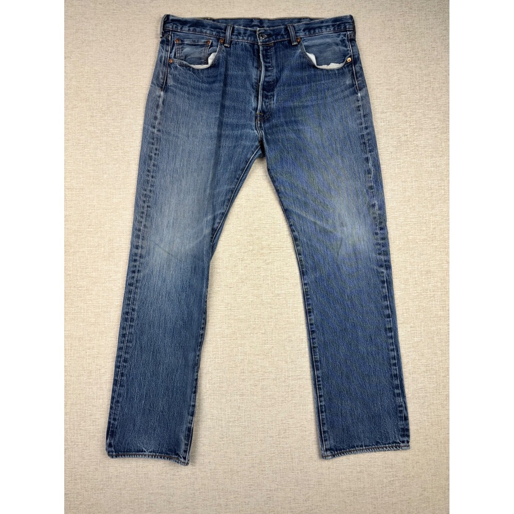 Levis 501 Men's 38x34 Jeans Grungy Medium Washed Blue Denim Grainy HighLow Fade